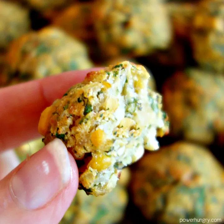close up of vegan meatball made out of peas, with a bite taken out