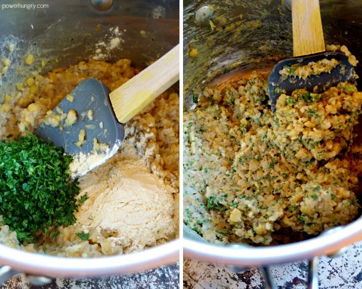 cooked peas and rice with the additions of chopped parsley and chickpea flour