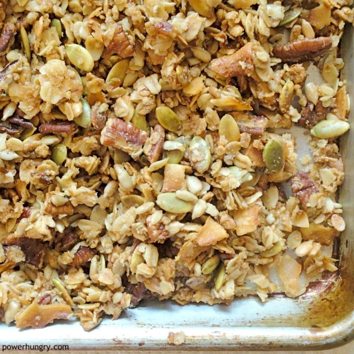 sheet pan covered with high protein banana bread granola