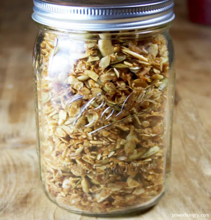 storage jar full of high protein banana bread granola