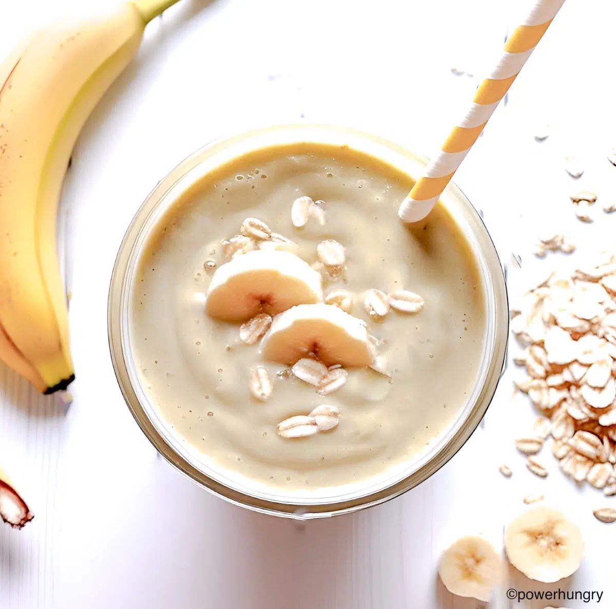 overhead shot of 2 ingredient banana oat smoothie