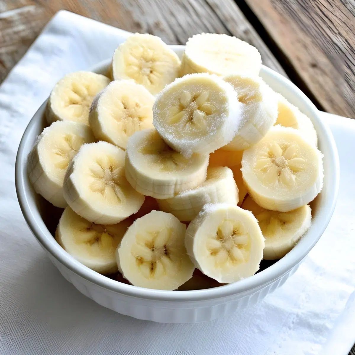 sliced frozen bananas in a bowl
