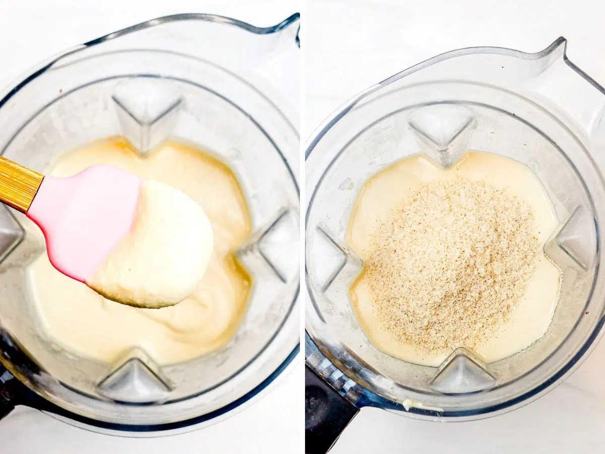 2 photo collage showing the bleeding of the millet bean bread batter