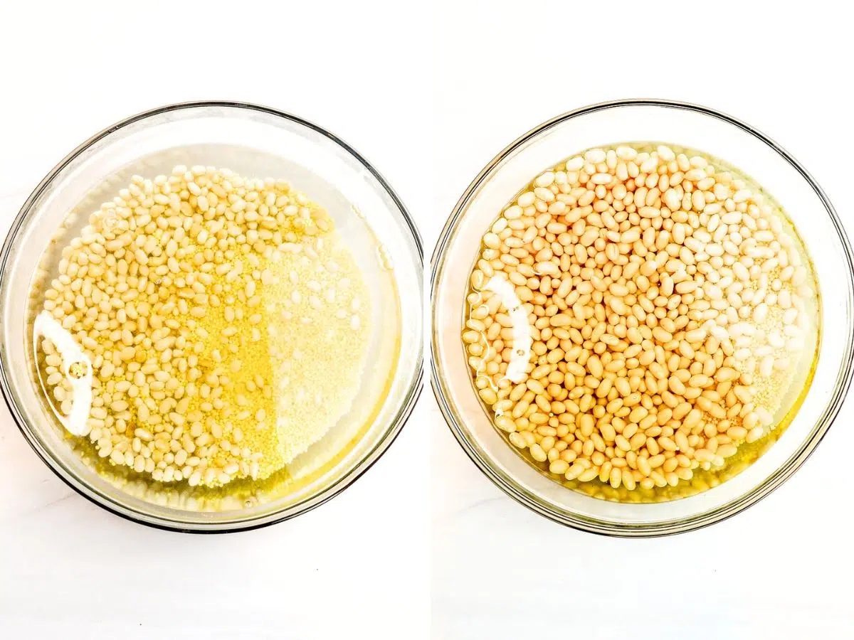two photo collage showing the soaking of millet and beans