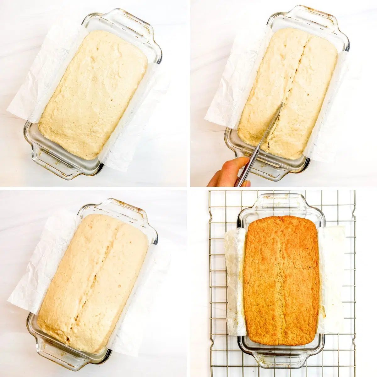 4 photo collage showing rise of millet protein bread, and bake