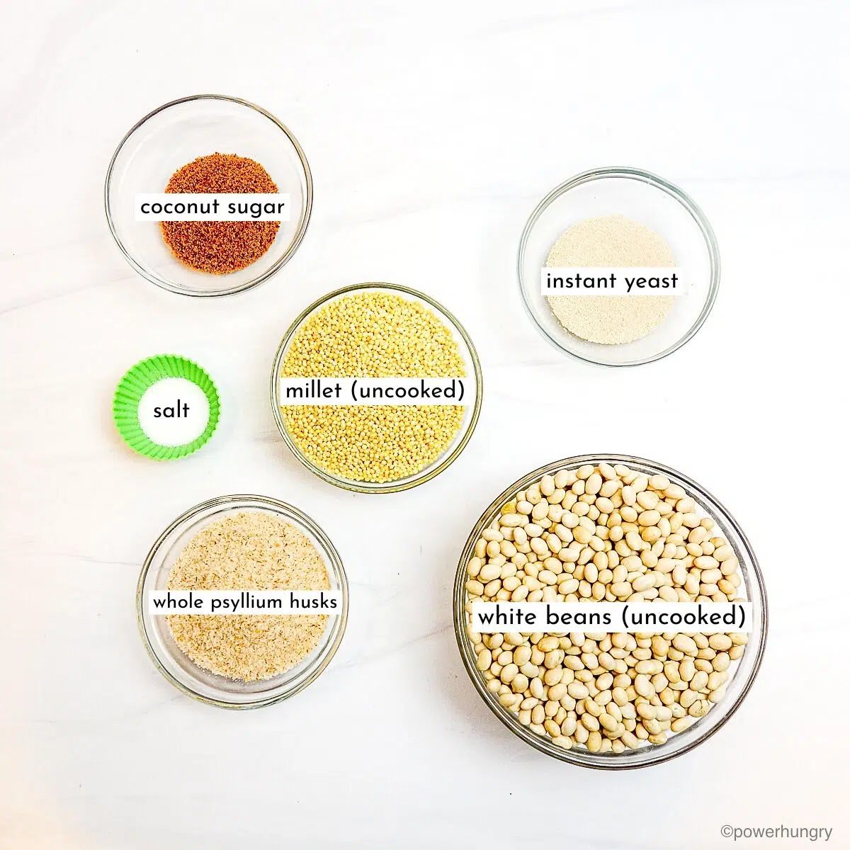 ingredients for millet bean protein bread on a white surface