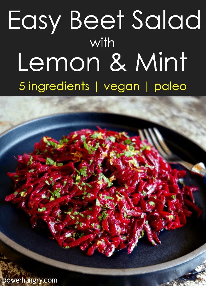fresh beet salad with lemon & mint on a slate plate with a fork alongside