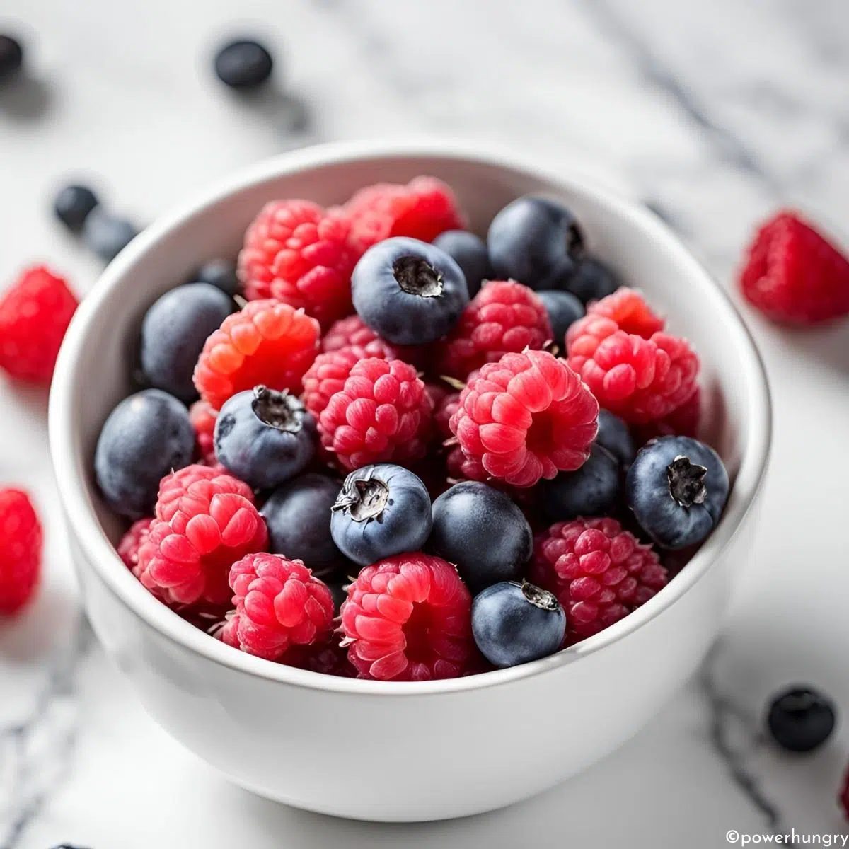 white bowl filled with raspberries and blueberries