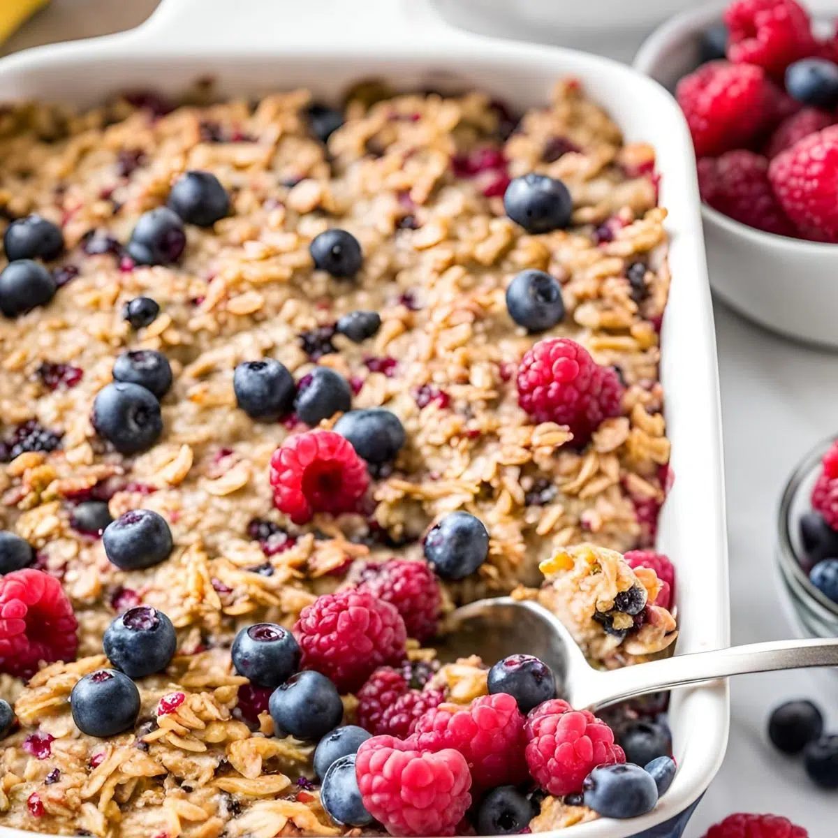 a spoonful being taken out of a banana berry baked oatmeal