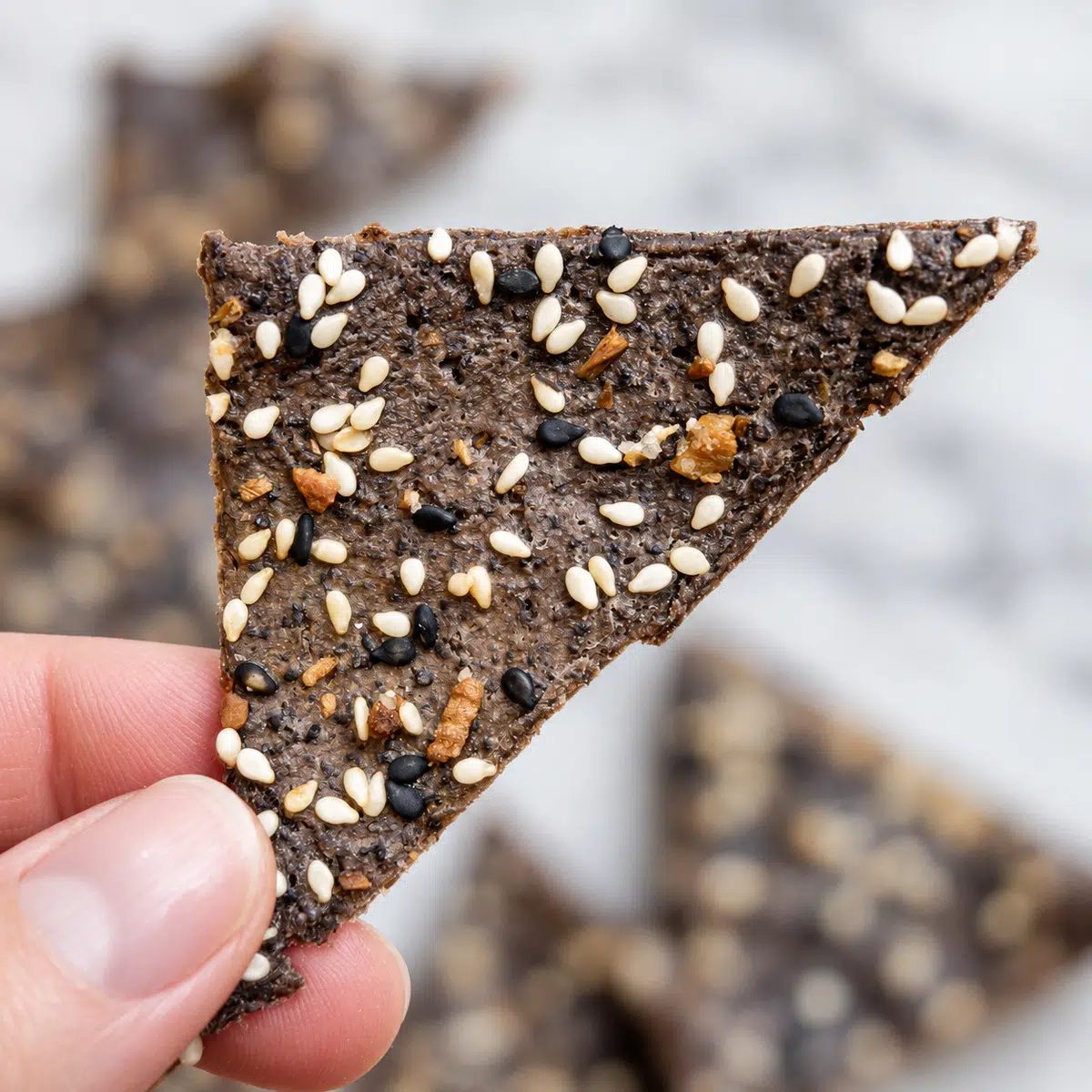 single black bean chip close up
