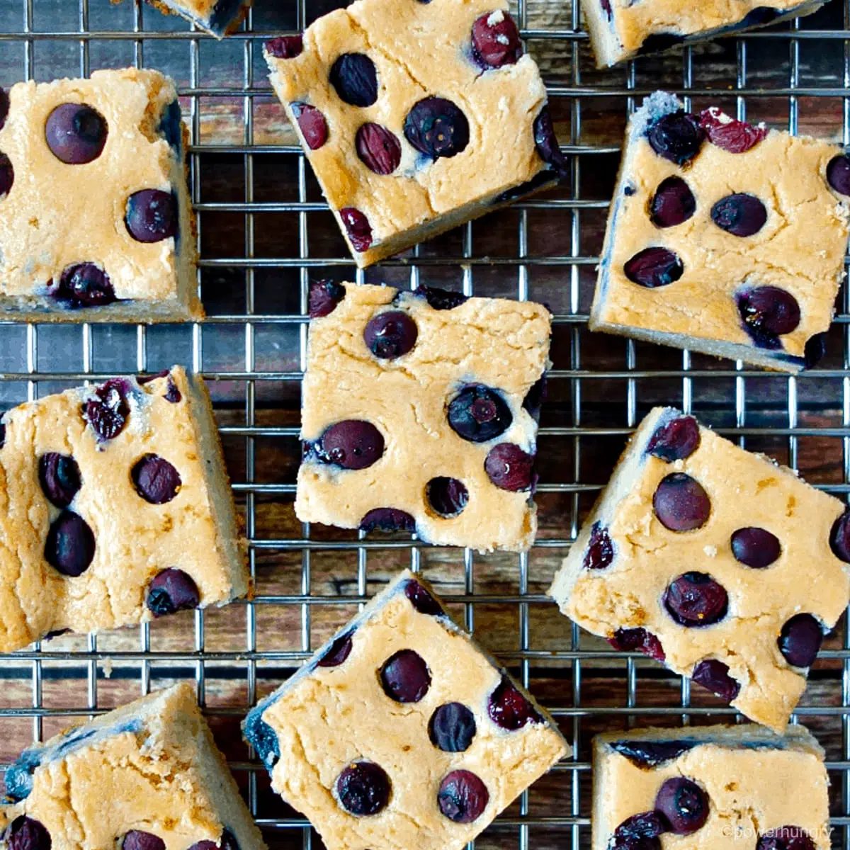 overhead of vegan blueberry bread squares