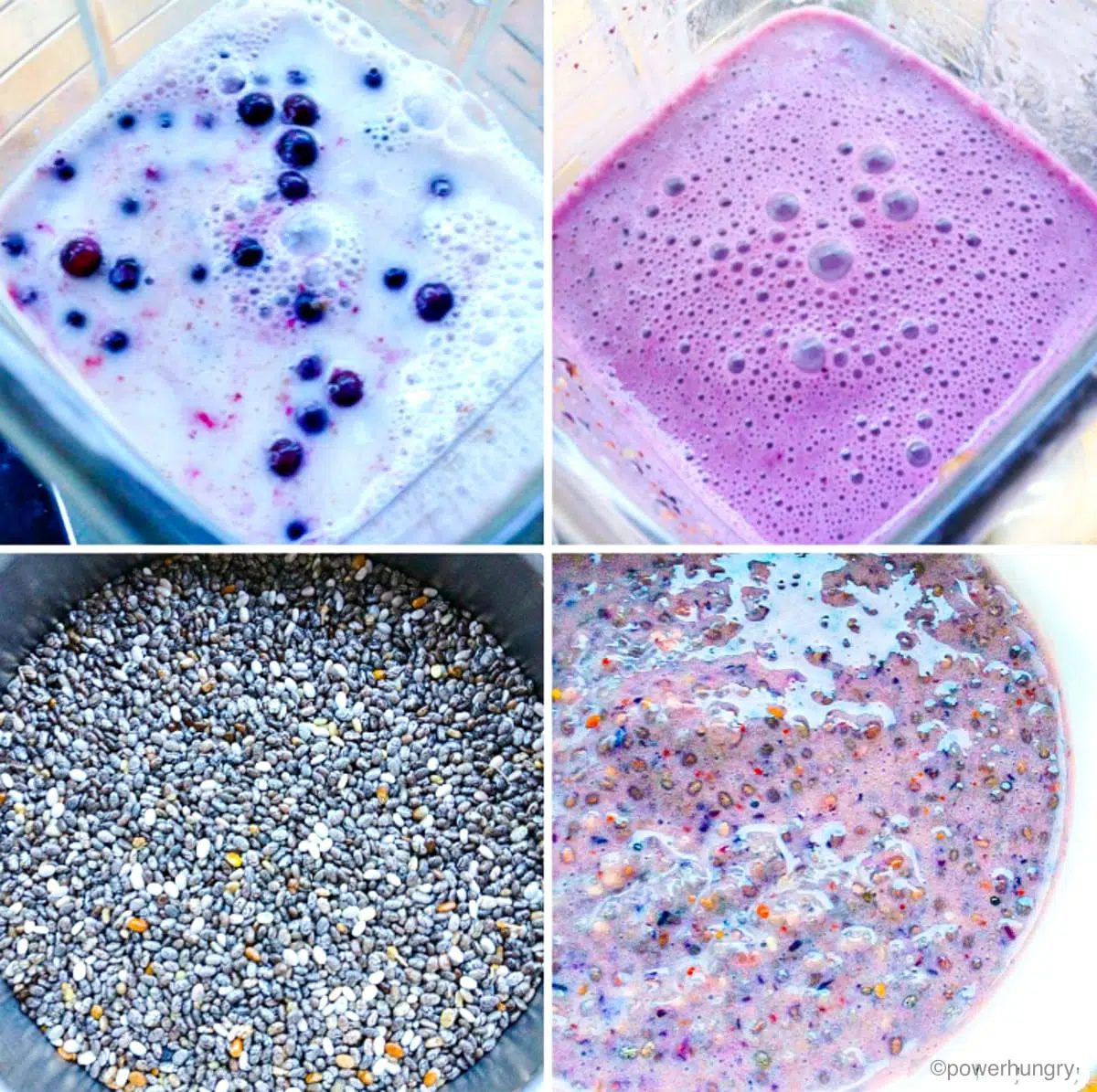 photo collage showing how to make blueberry chia seed pudding
