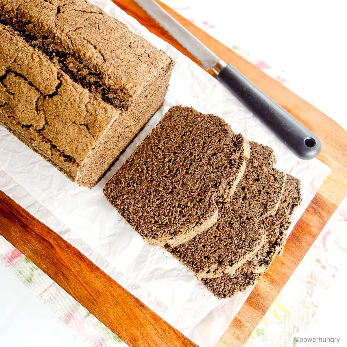 overhead shot of sliced buckwheat flour bread