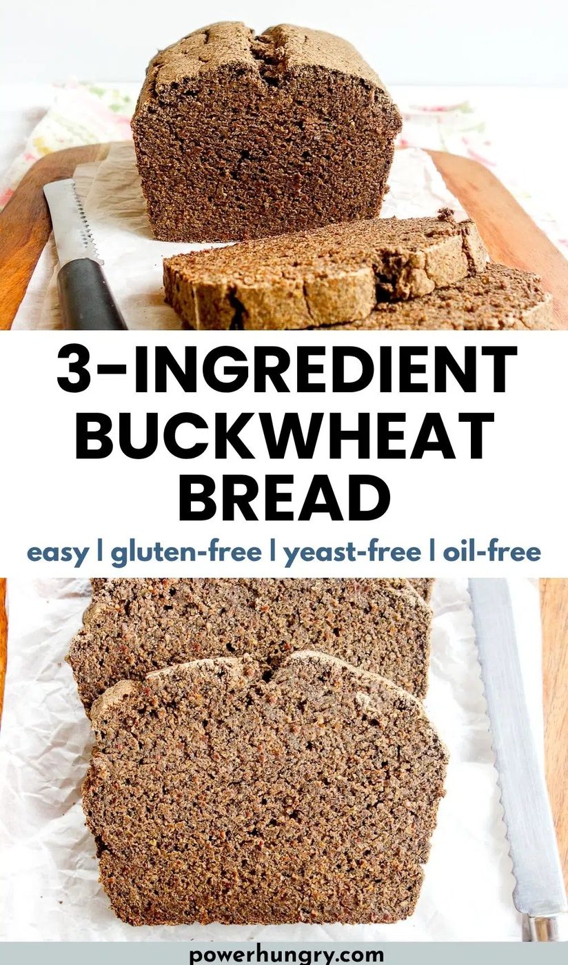 2 photo collage of 3-ingredient buckwheat bread, sliced