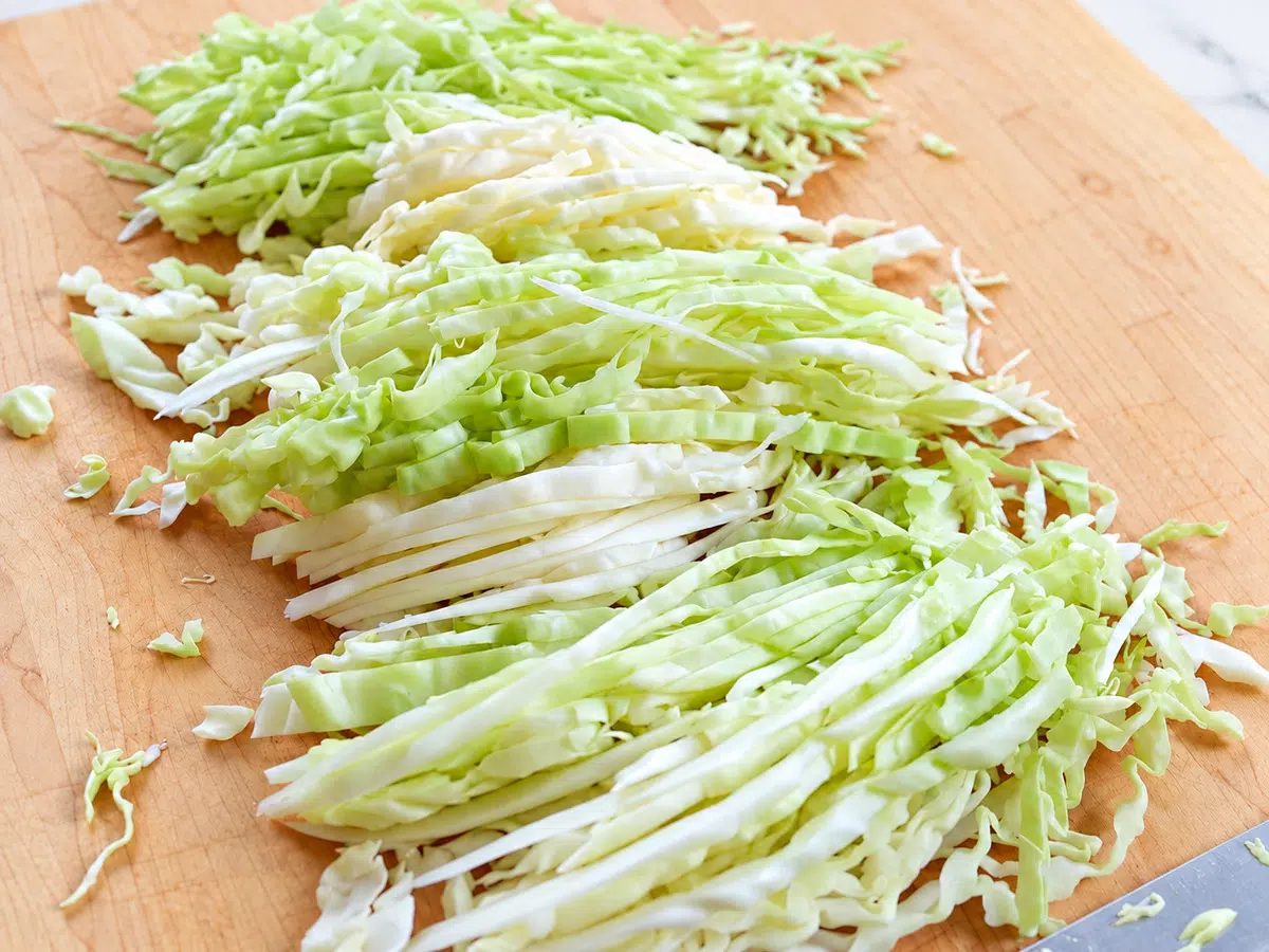 closeup of cut cabbage strips for cabbage noodles
