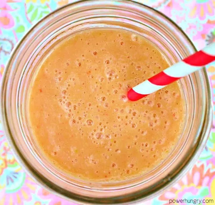 overhead shot of cantaloupe strawberry smoothie