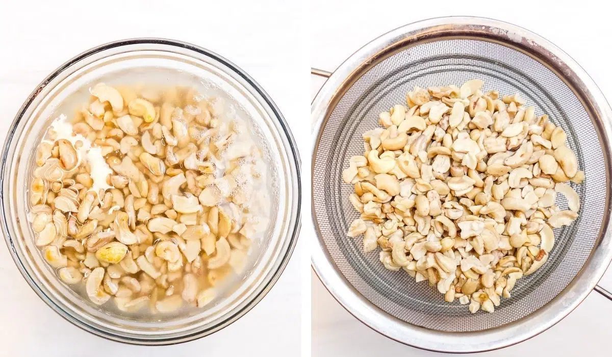 2 photo collage of soaked cashews and drained soaked cashews