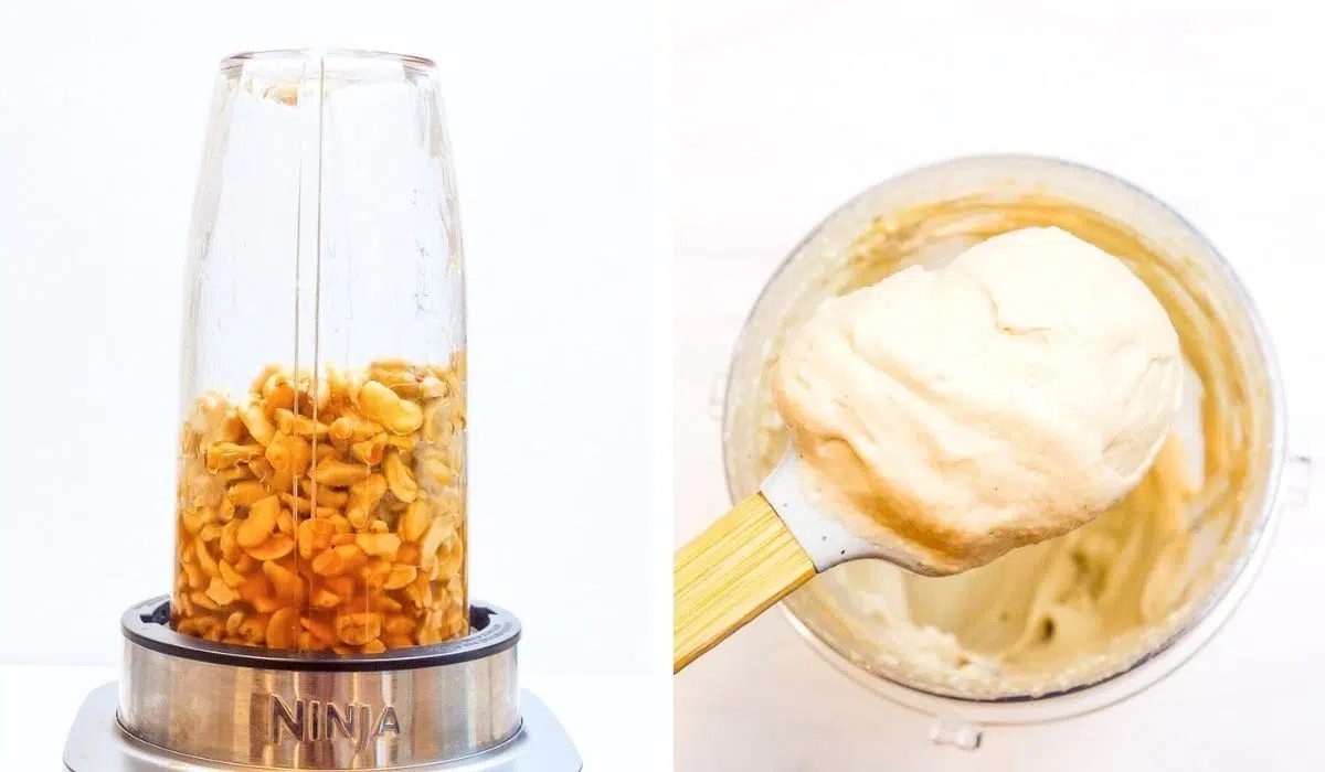 2 photo collage of cashew whipped cream getting blended in a high speed blender