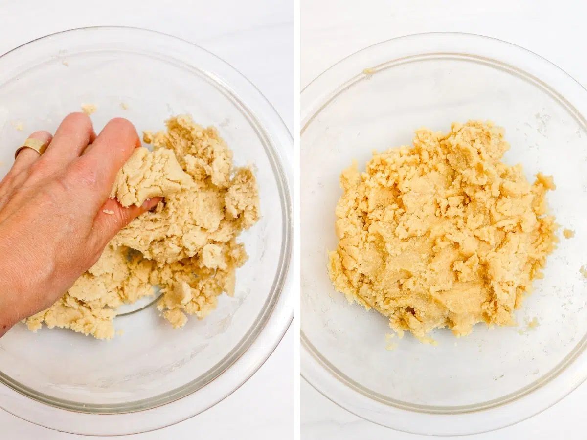 2 photo collage showing the final combining to make cassava flour cookie dough