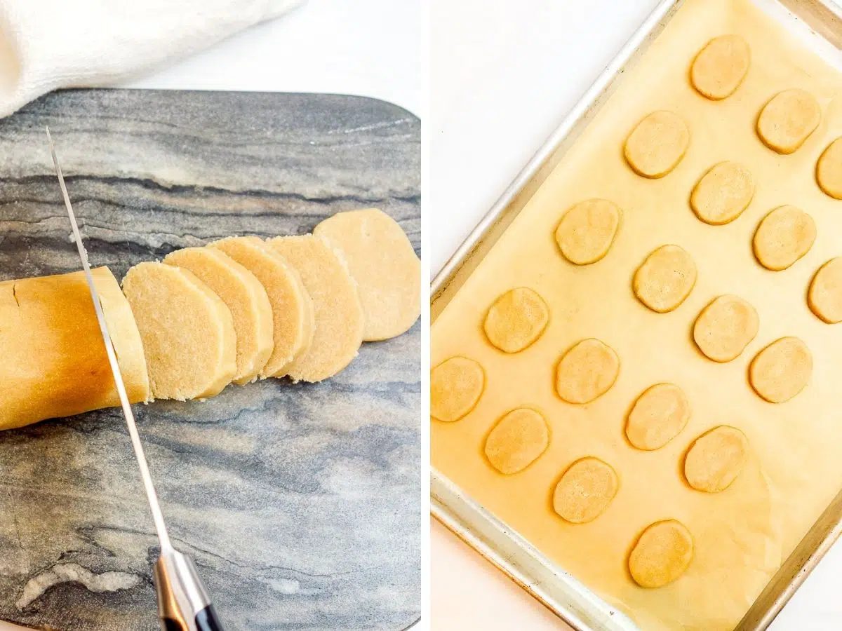 two photo collage depicting the slicing of the chilled cassava flour cookie dough