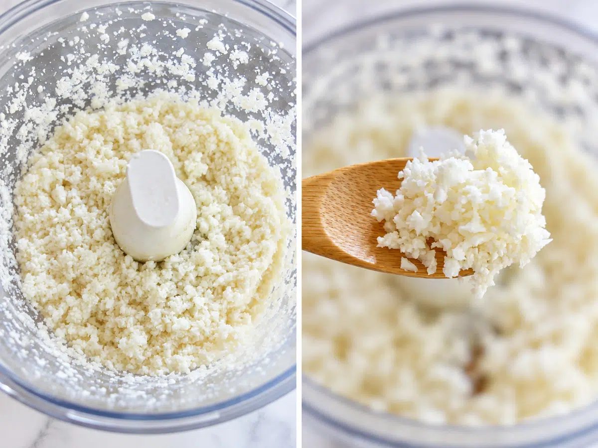 2 photo image showing how to make cauliflower rice