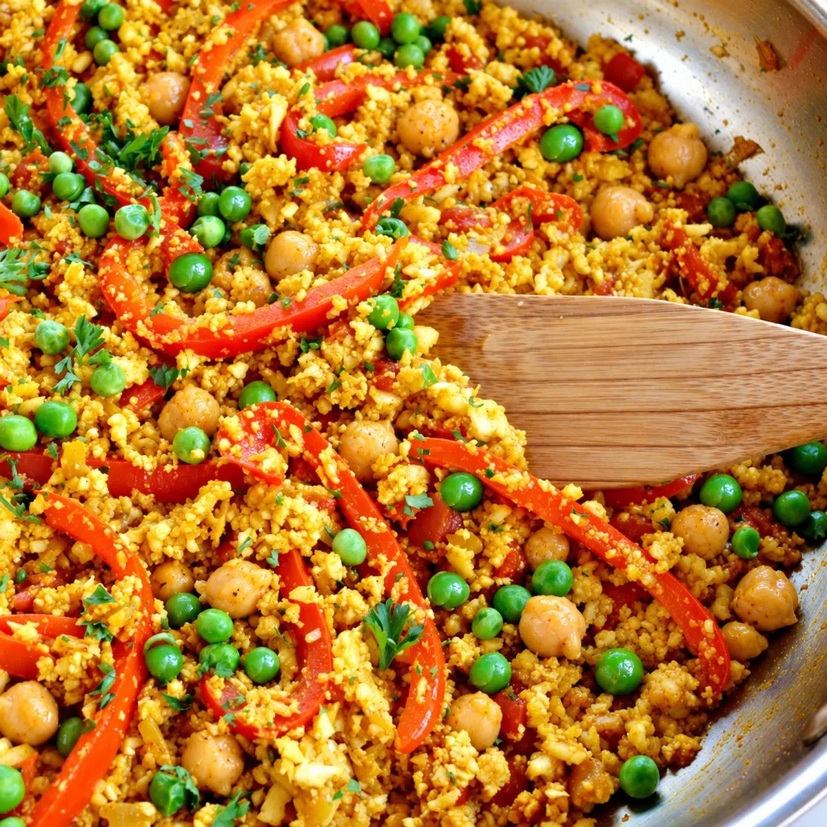 peas added to the cauliflower and bean paella in a skillet