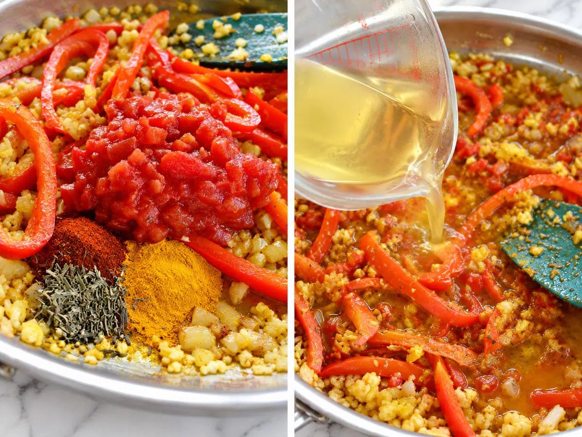 spies and liquid added for cauliflower and bean paella