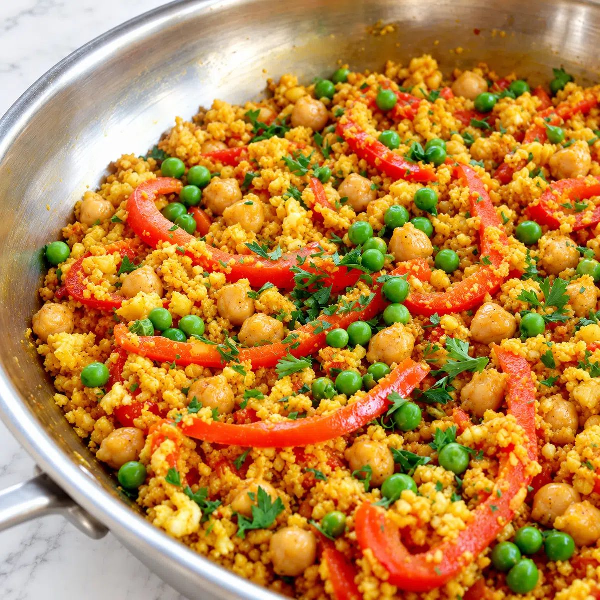 cauliflower and bean paella in a skillet