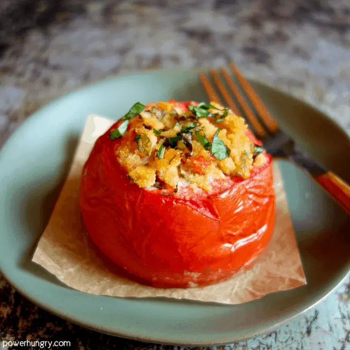 Cheezy Coconut Flour Stuffed Tomatoes {Keto, Vegan, Oil-Free}