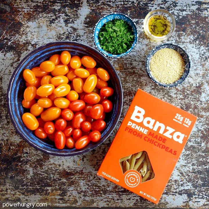 Ingredients for cherry tomato chickpea pasta
