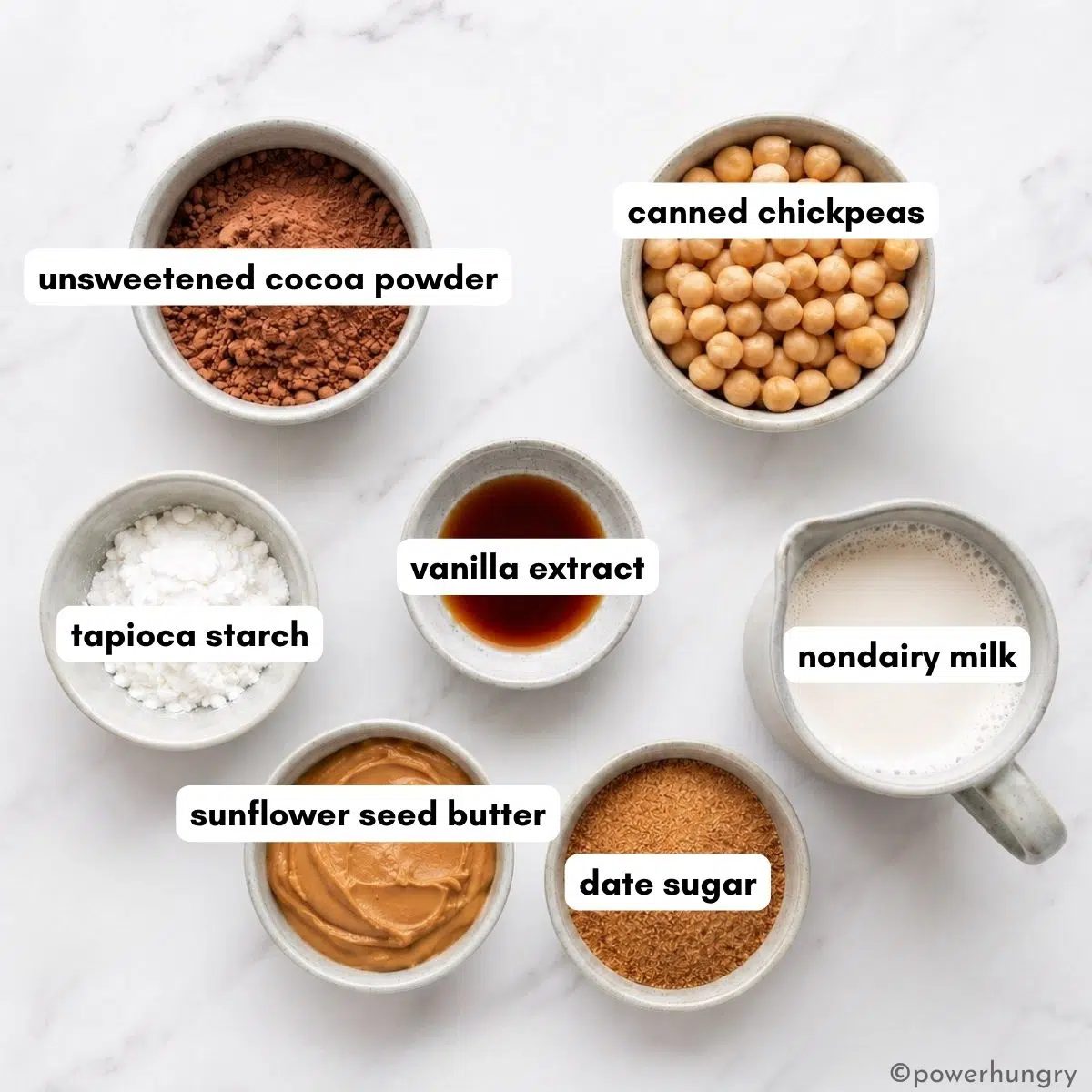 ingredients for vegan chickpea chocolate ice cream in small dishes