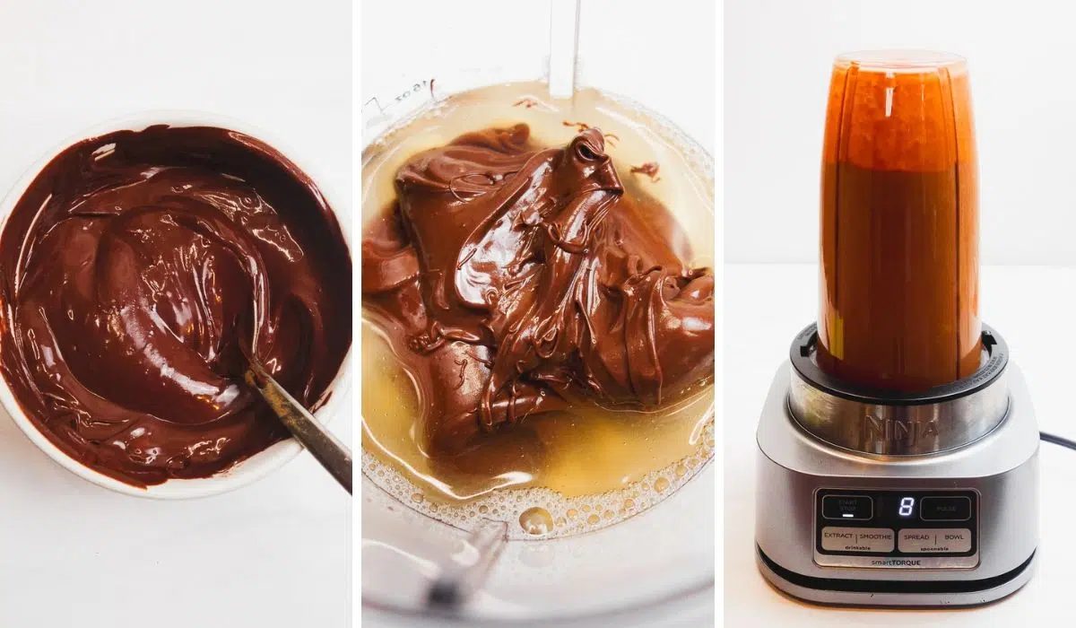 3 photo collage showing how to make vegan chocolate protein mousse