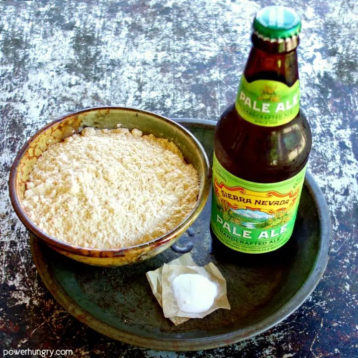 Beer bread ingredients including beer, chickpea flour and baking soda
