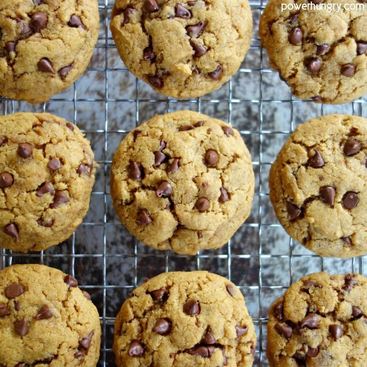 Overhead view of chickpea flour chocolate chip cookies on a cooling rack