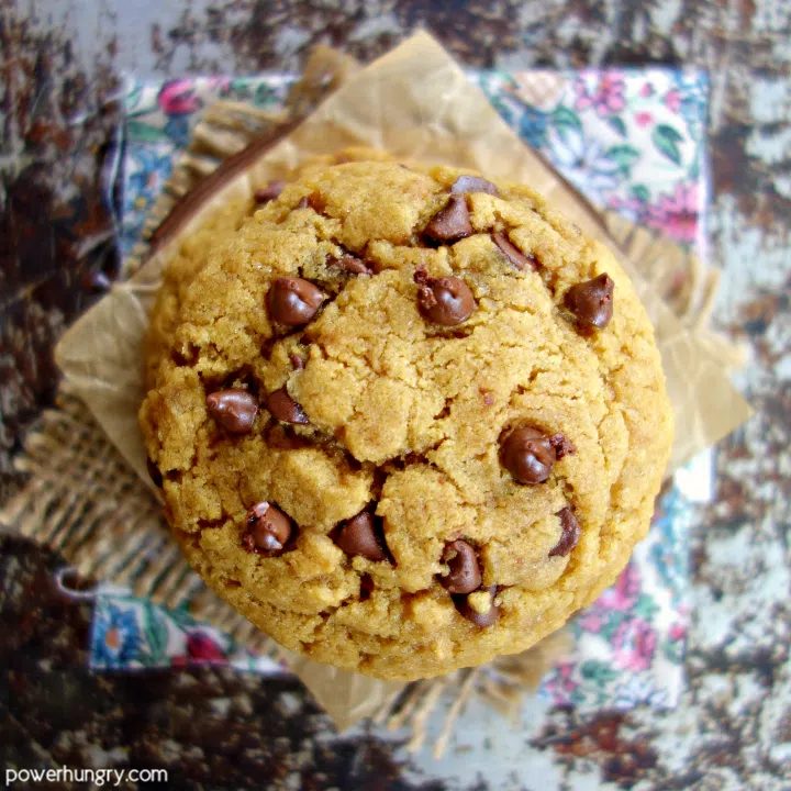 verhead closeup of chickpea flour chocolate chip cookie