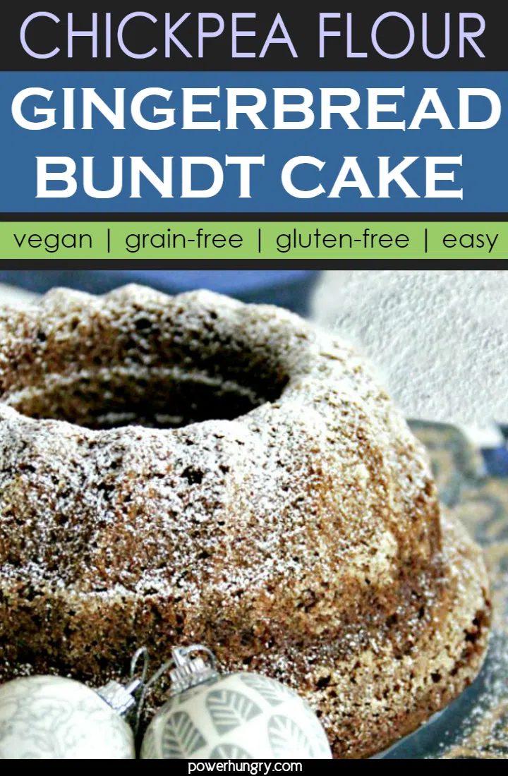 Chickpea Flour Gingerbread Bundt Cake on a glass serving plate with ornaments on the plate
