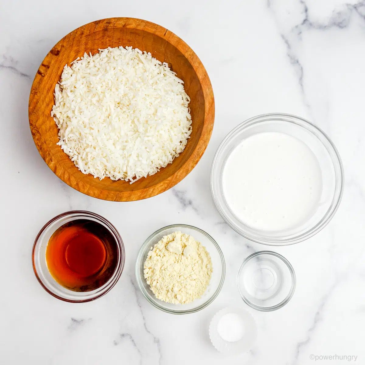 chickpea flour macaroon ingredients in individual bowls