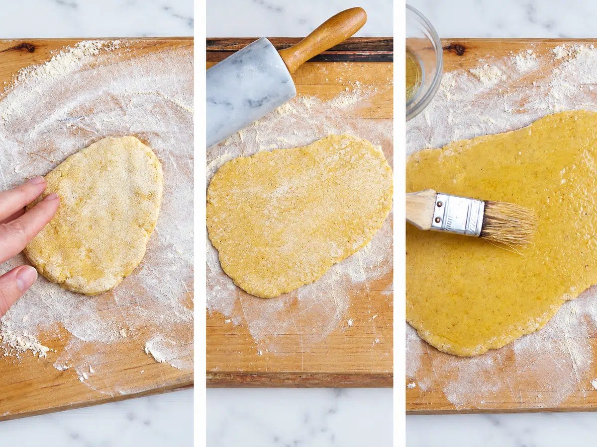 3 photo collage showing how to roll and shape the chickpea flour naan