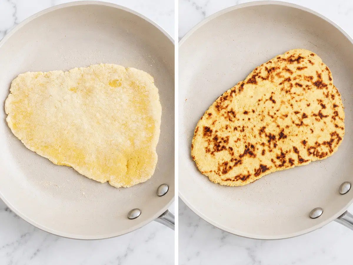 two photo collage showing how to cook chickpea flour naan in a skillet