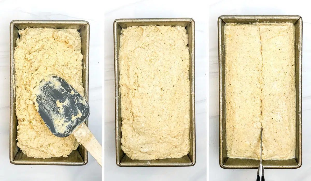 3 photo collage showing how to prepare high protein bread for baking in a pa