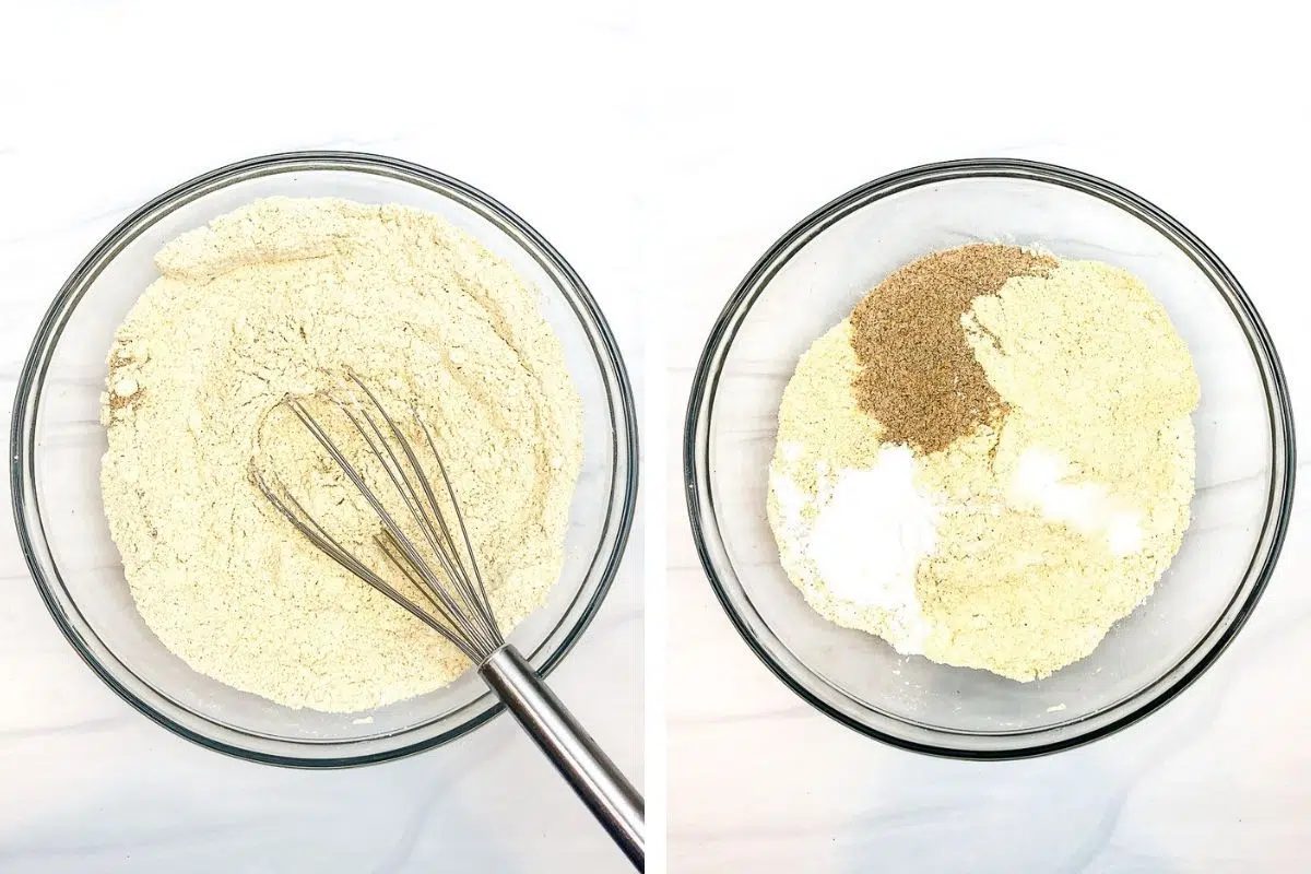 2 photo collage showing the blending of dry ingredients for recipe