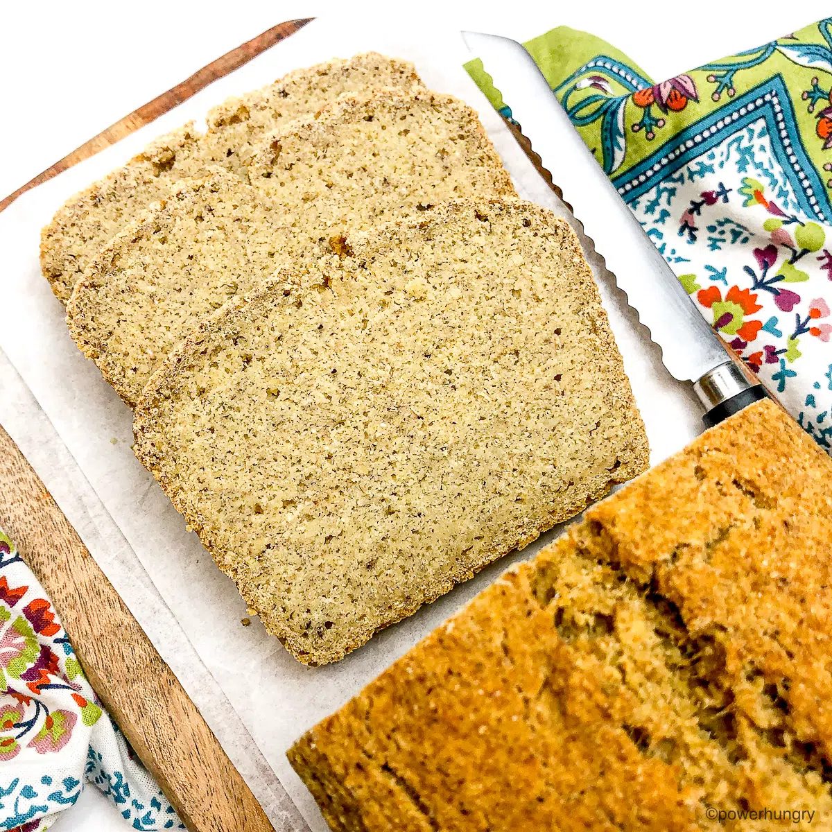 chickpea bread on cutting board, sliced
