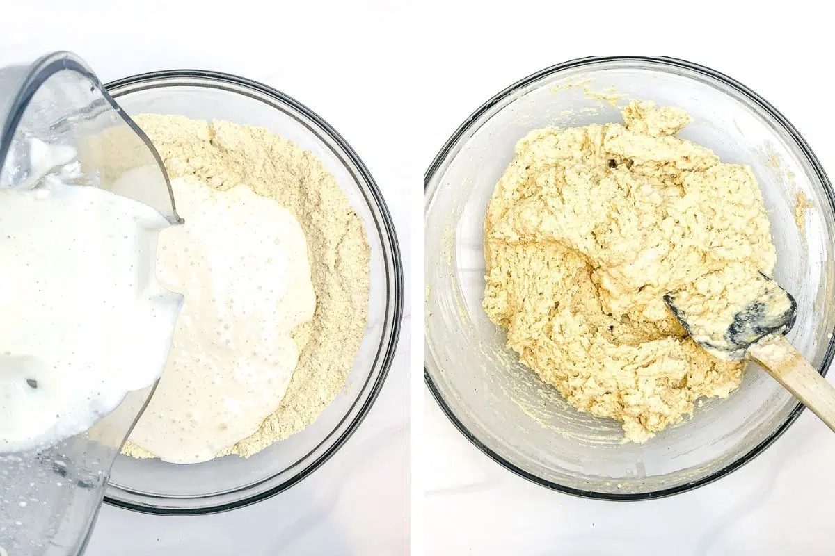 two photo collage showing the combining of wet and dry ingredients