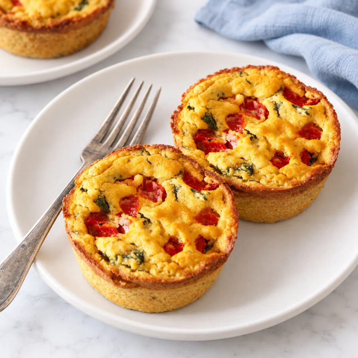 two chickpea flour quiches on a stoneware plate
