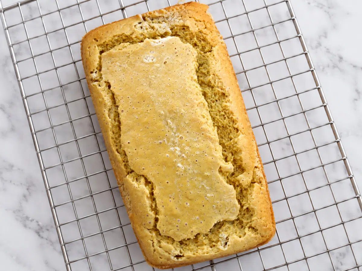 overhead loaf of cooling chickpea flour bread