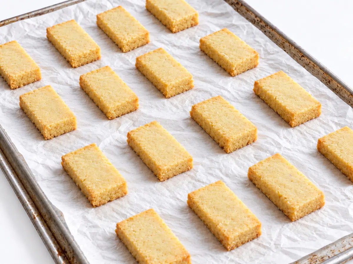baked chickpea flour shortbread cookies on baking sheet