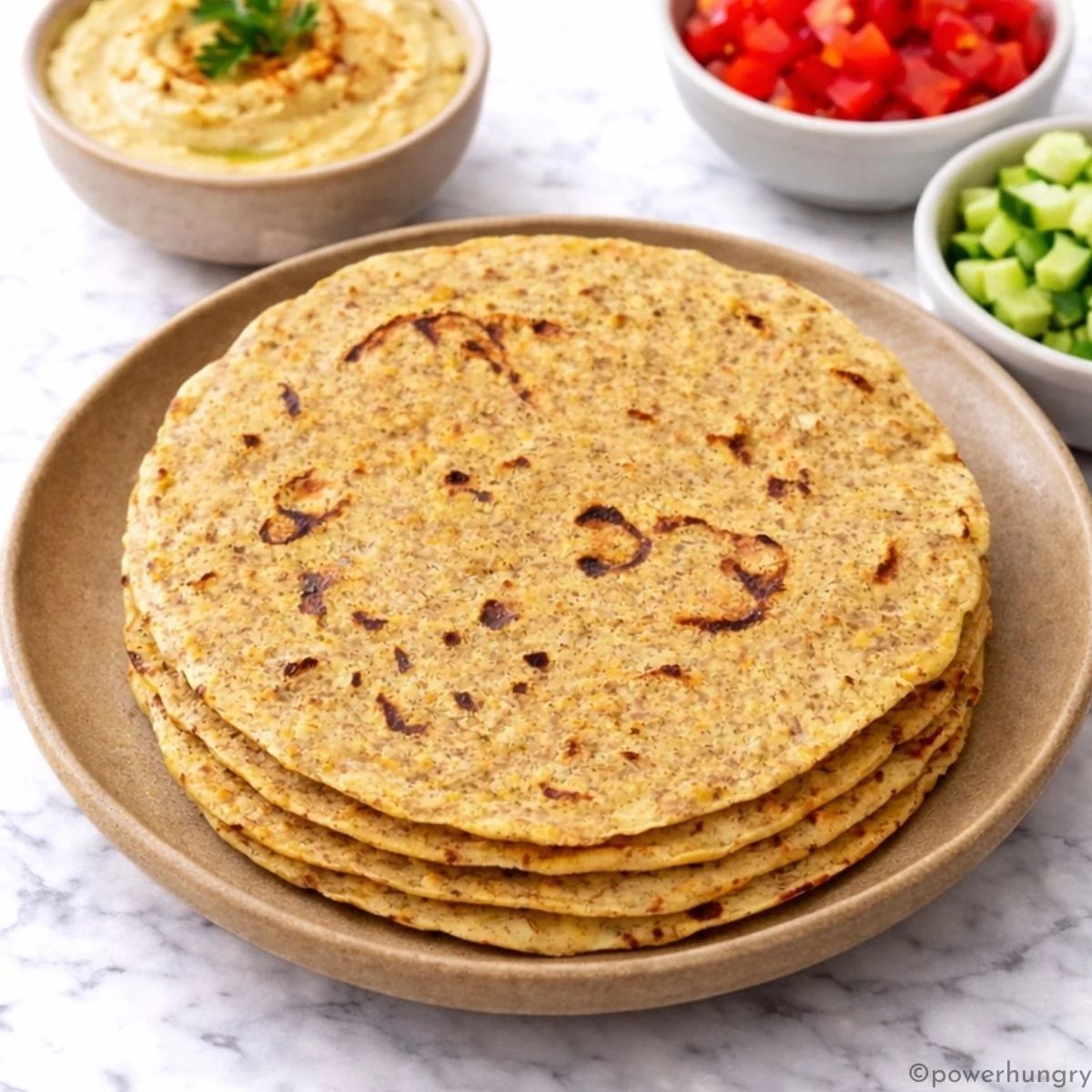 stack of chickpea flour tortillas with garnishes alongside