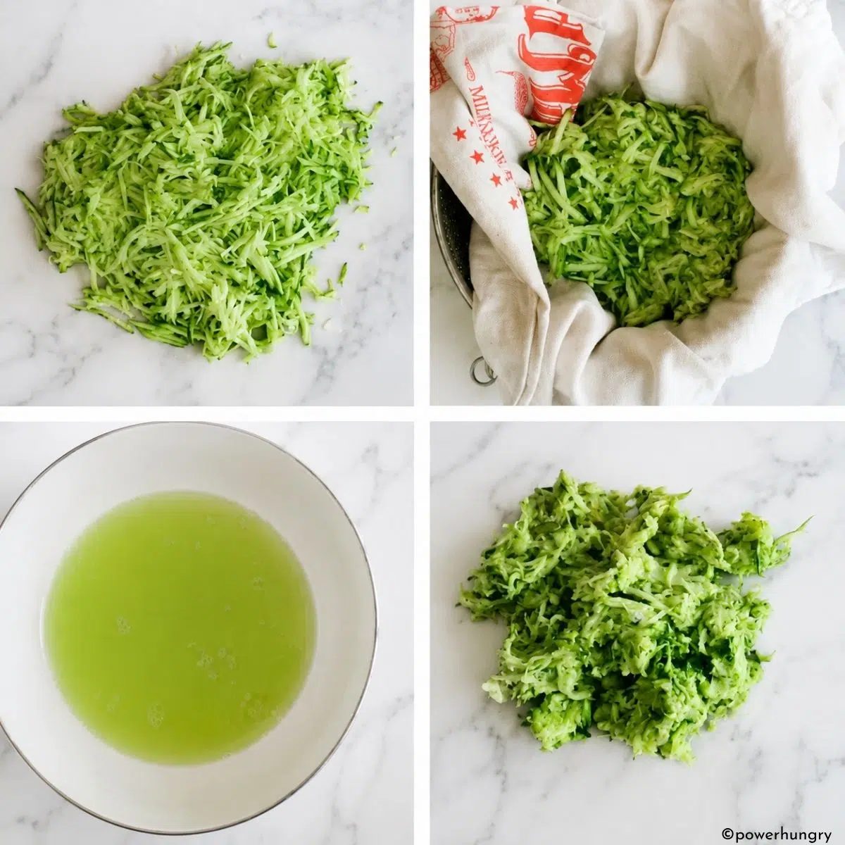 4 photo collage showing how to drain grated zucchini