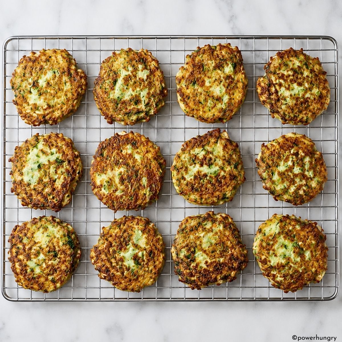 a dozen chickpea flour zucchini fritters on a silver cooling rack