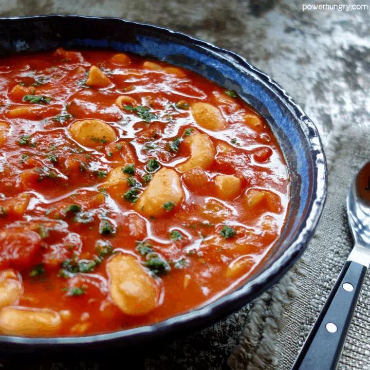 Bowl of chickpea pasta e fagioli soup that is vegan, grain-free, and high in protein